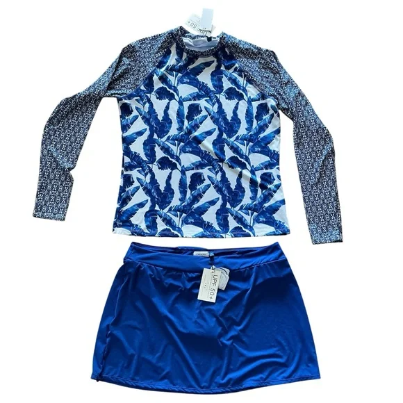 Cabana Life NWT Blue Palms Rashguard and swim skirt set Size XL - Picture 1 of 11